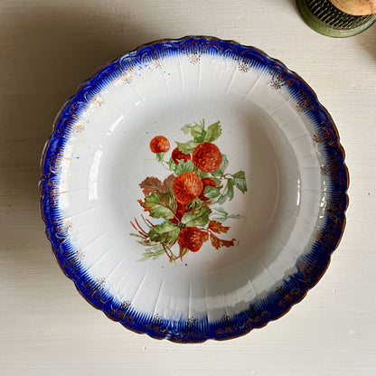 Mismatched Antique Flow Blue Bowls with Transferware Fruit, Set of 4 (c.1900s)