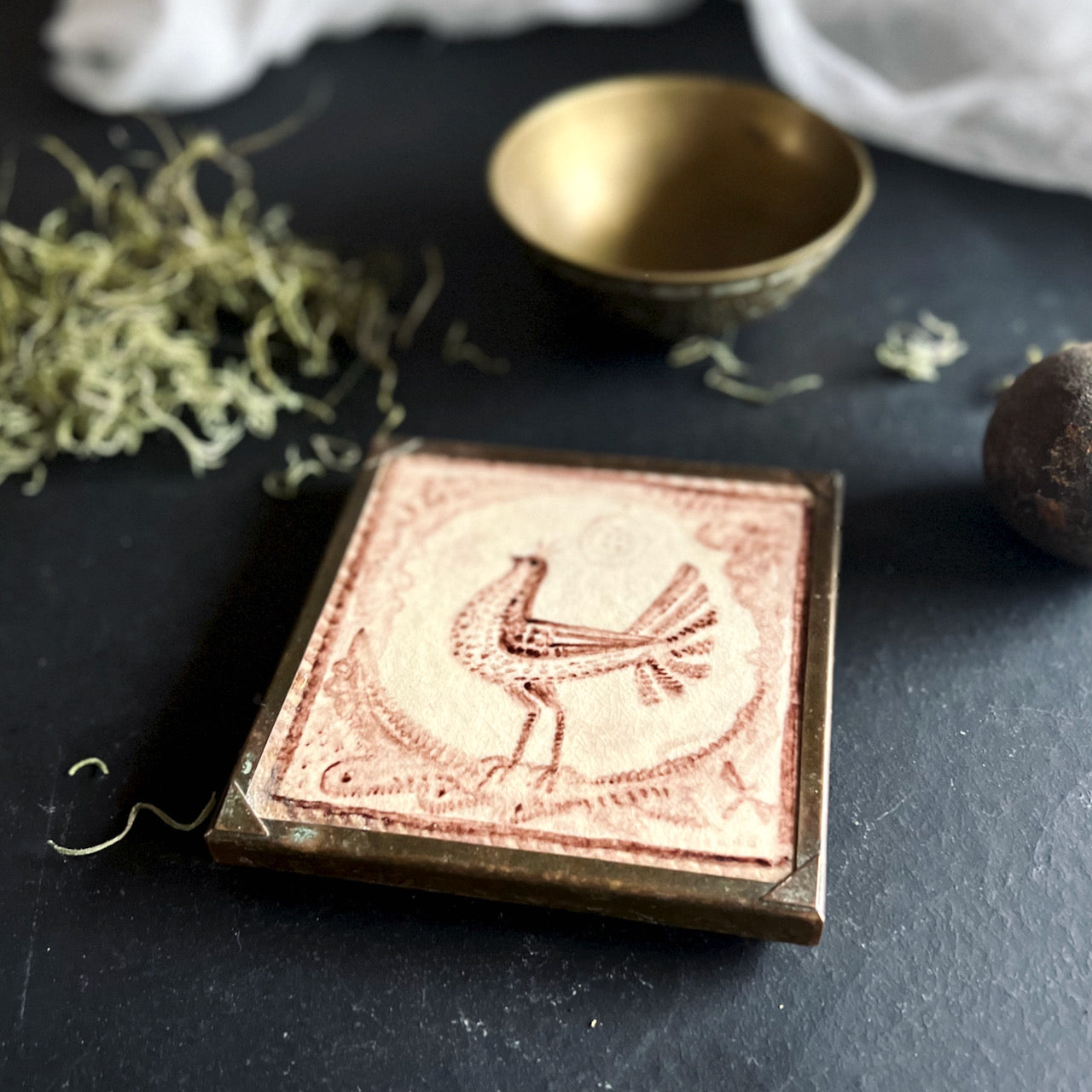 Rustic Hand Painted Tile Trivet With Bird Motif (c.1900s)