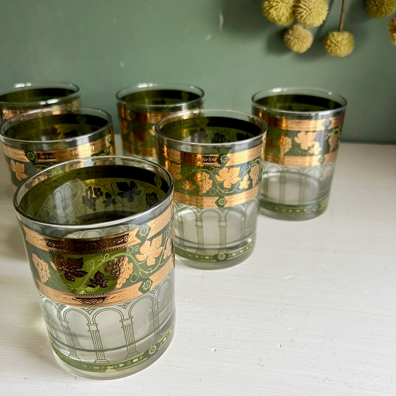 Vintage Mid Century MCM Ice Bucket and Five Highball Glasses in buy Golden Grapes Green by CERA GLASS