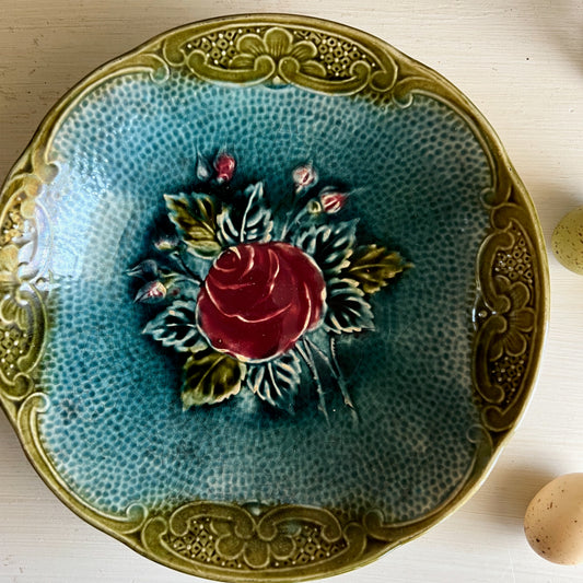 Antique Majolica Bowl With Rose Motif