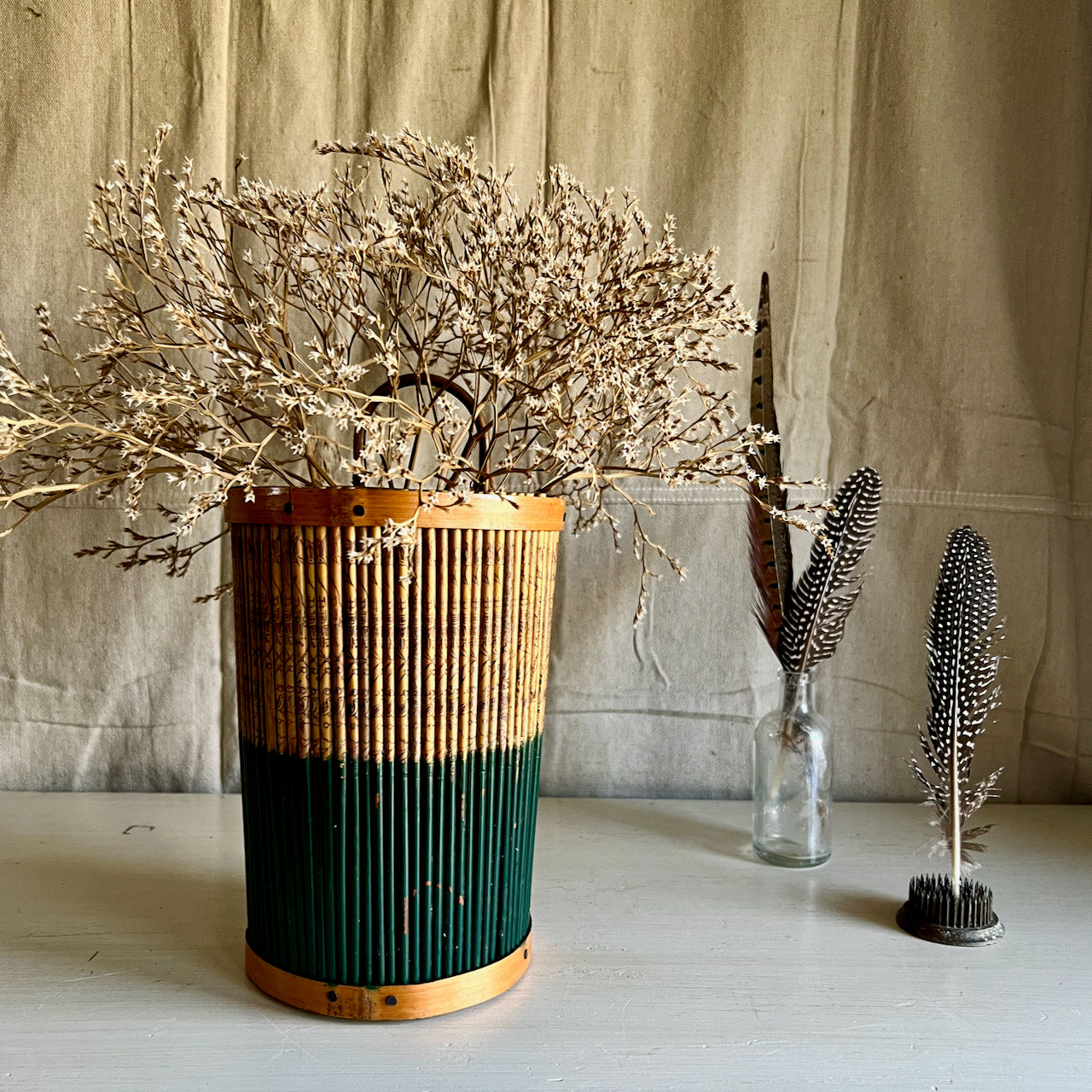 Vintage Bamboo Hanging Wall Basket with Asian Design