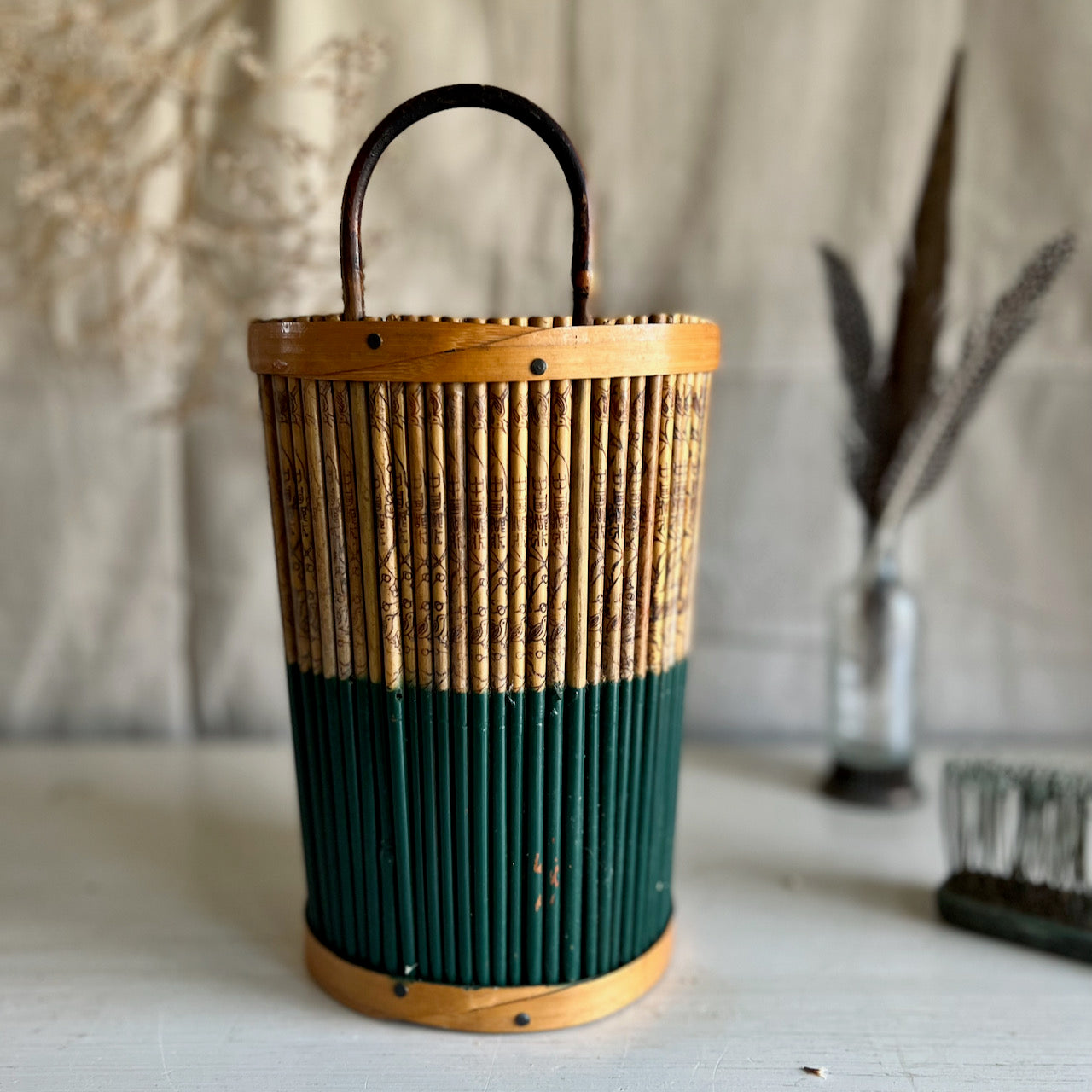 Vintage Bamboo Hanging Wall Basket with Asian Design
