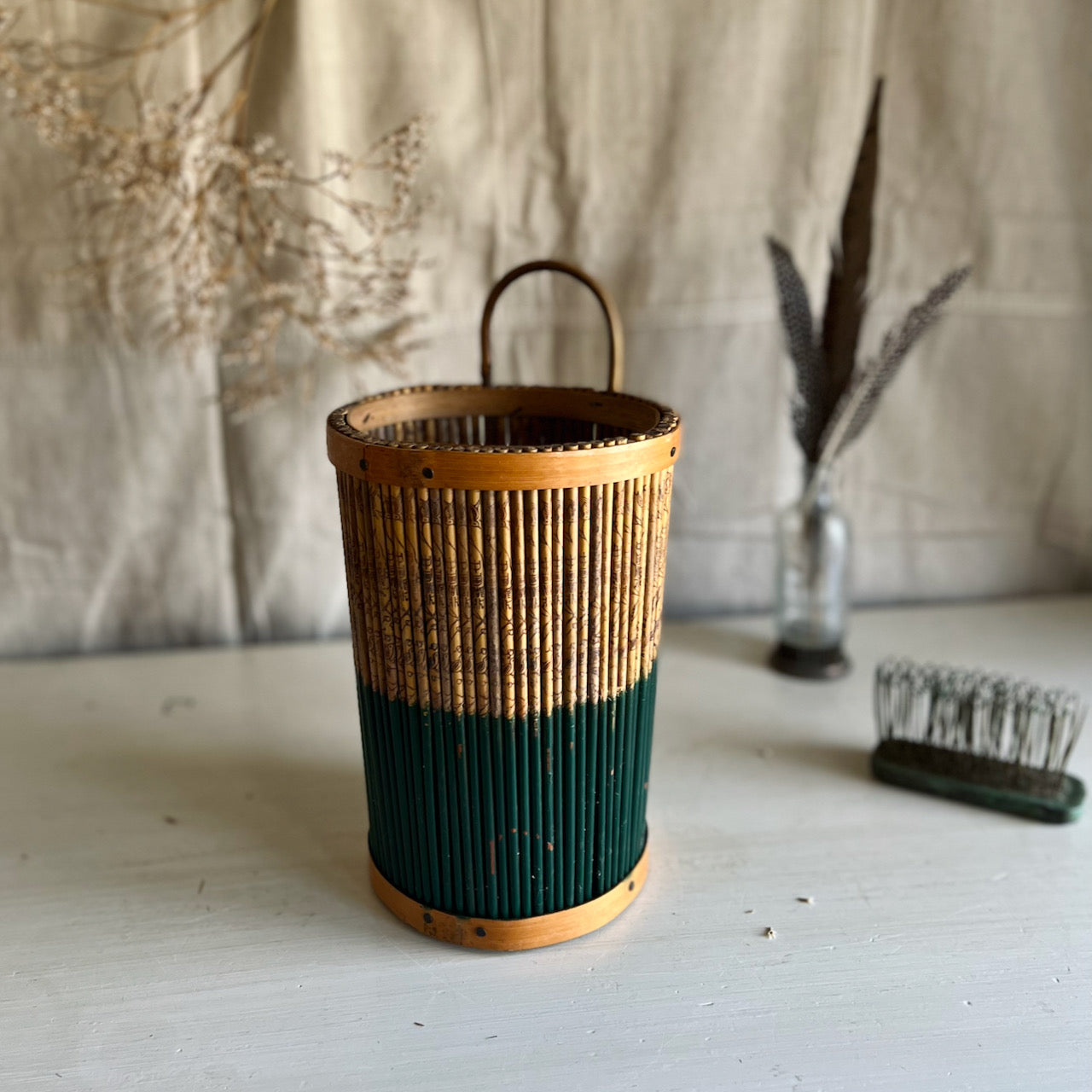 Vintage Bamboo Hanging Wall Basket with Asian Design