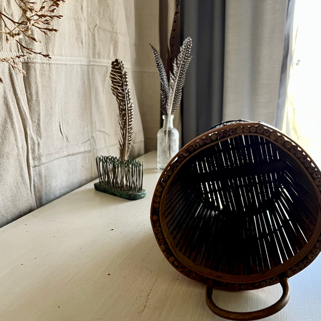 Vintage Bamboo Hanging Wall Basket with Asian Design