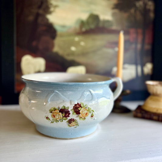 Antique Salt Glazed Chamber Pot with Rose Decals (c.1900s)