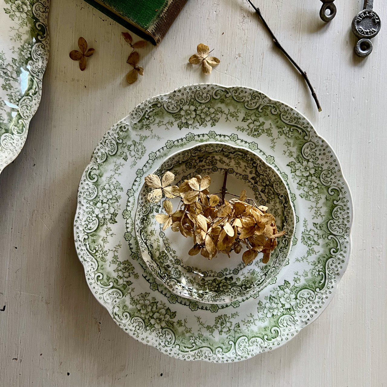 Antique English Green Transferware Dishes (c.1800s)