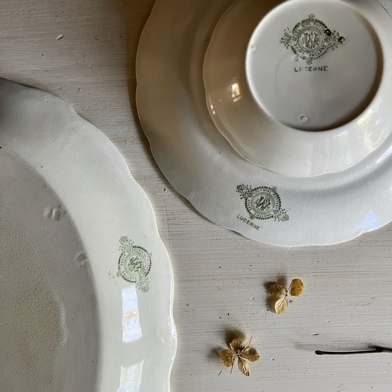 Antique English Green Transferware Dishes (c.1800s)