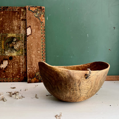 Early Primitive Burl Wood Bowl with Metal Repair (c.1800s)