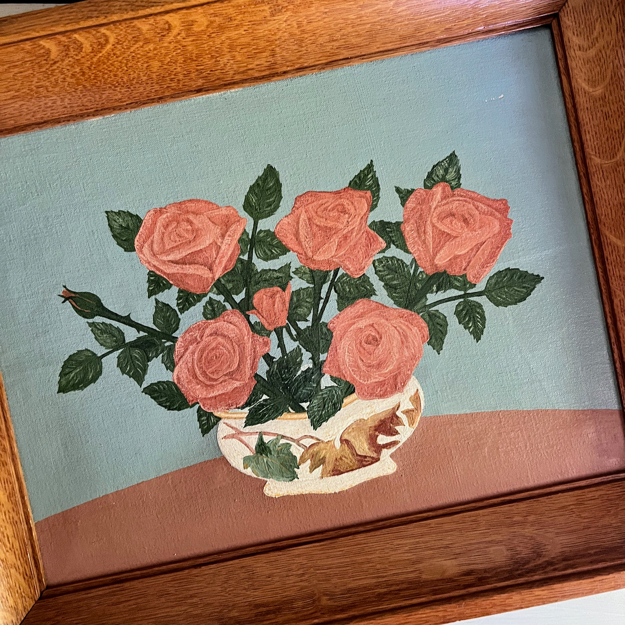 Modern Cottage Bowl of Roses Painting (c.1957)