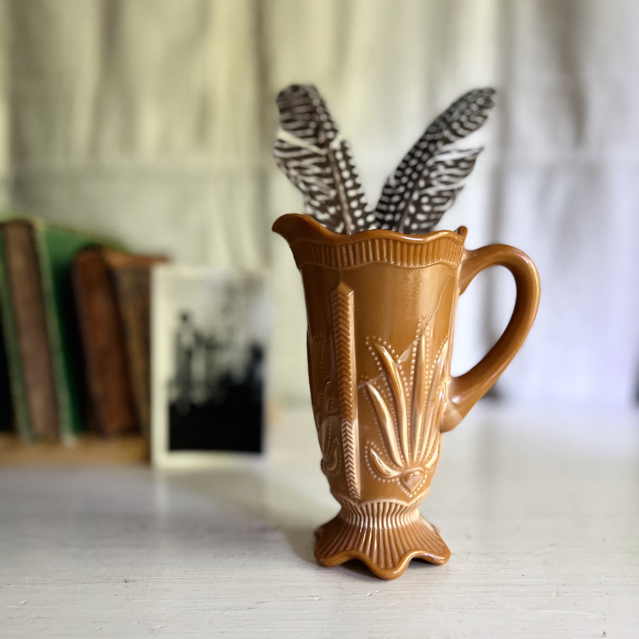 Antique Caramel Slag Glass Pitcher, Cactus Pattern (c.1900)