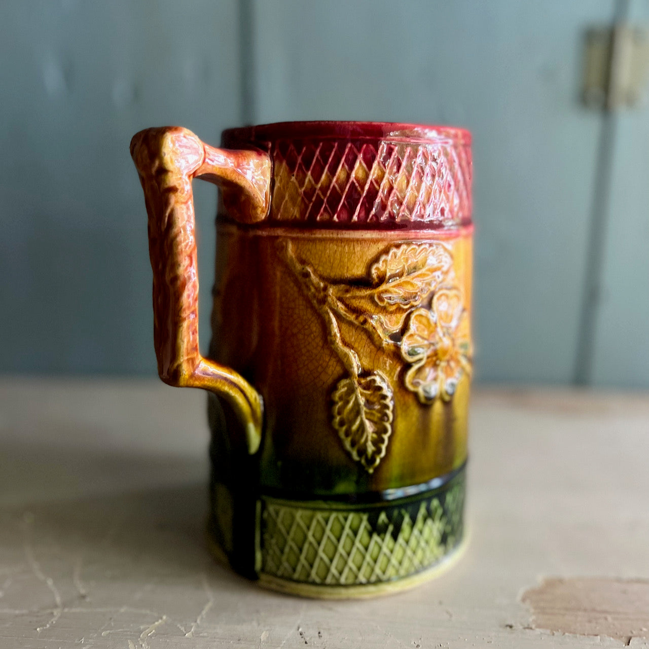 English Majolica Pitcher with Floral Lattice Motif