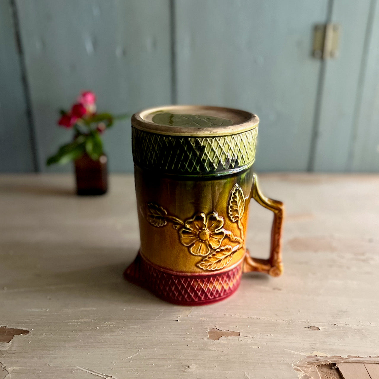 English Majolica Pitcher with Floral Lattice Motif