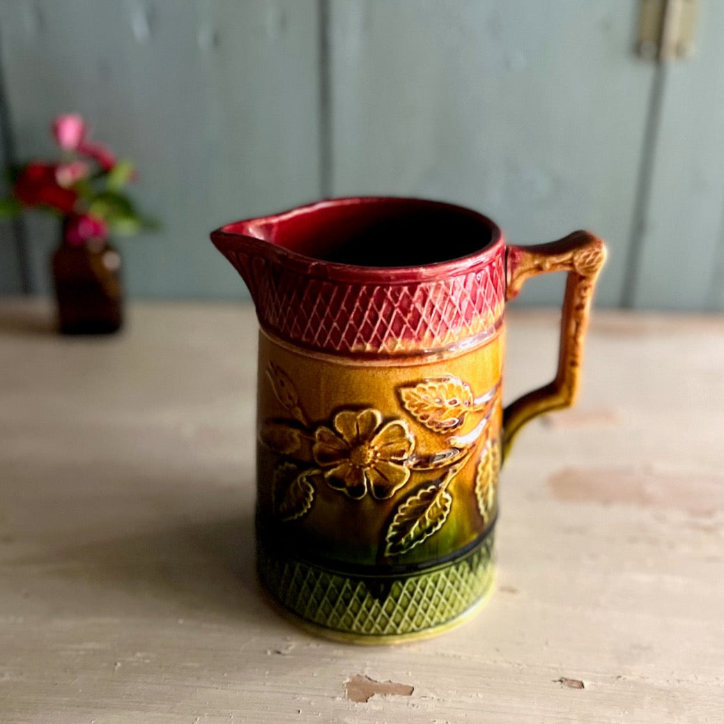 English Majolica Pitcher with Floral Lattice Motif