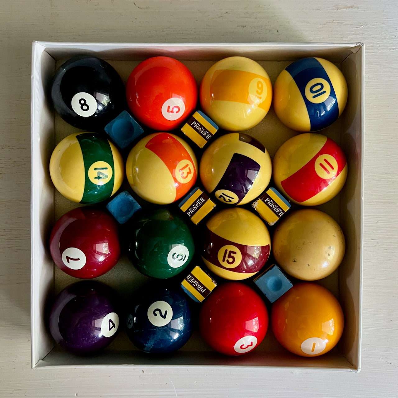 Vintage Billiard Pool Balls Set with Cue Chalk