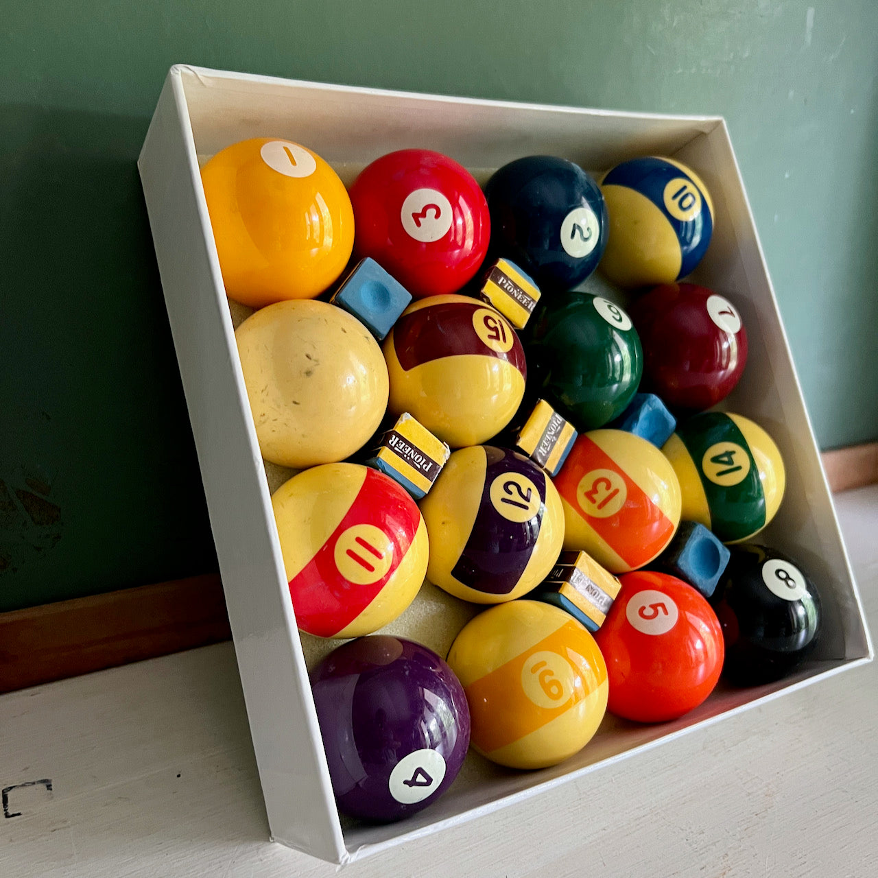 Vintage Billiard Pool Balls Set with Cue Chalk