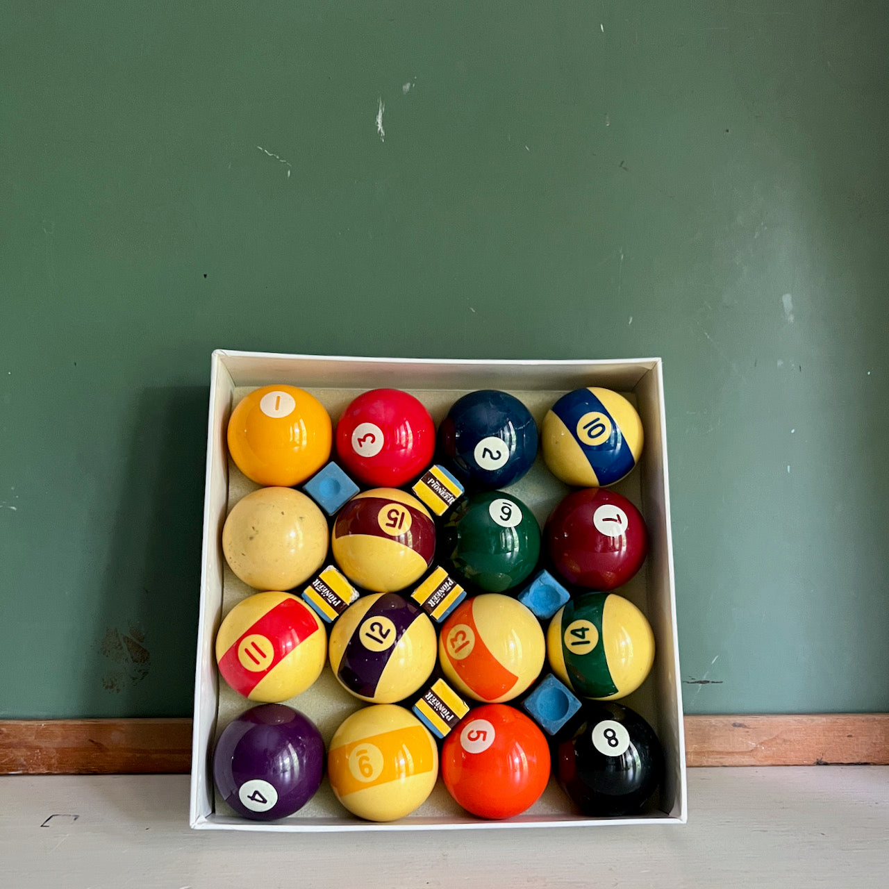 Vintage Billiard Pool Balls Set with Cue Chalk