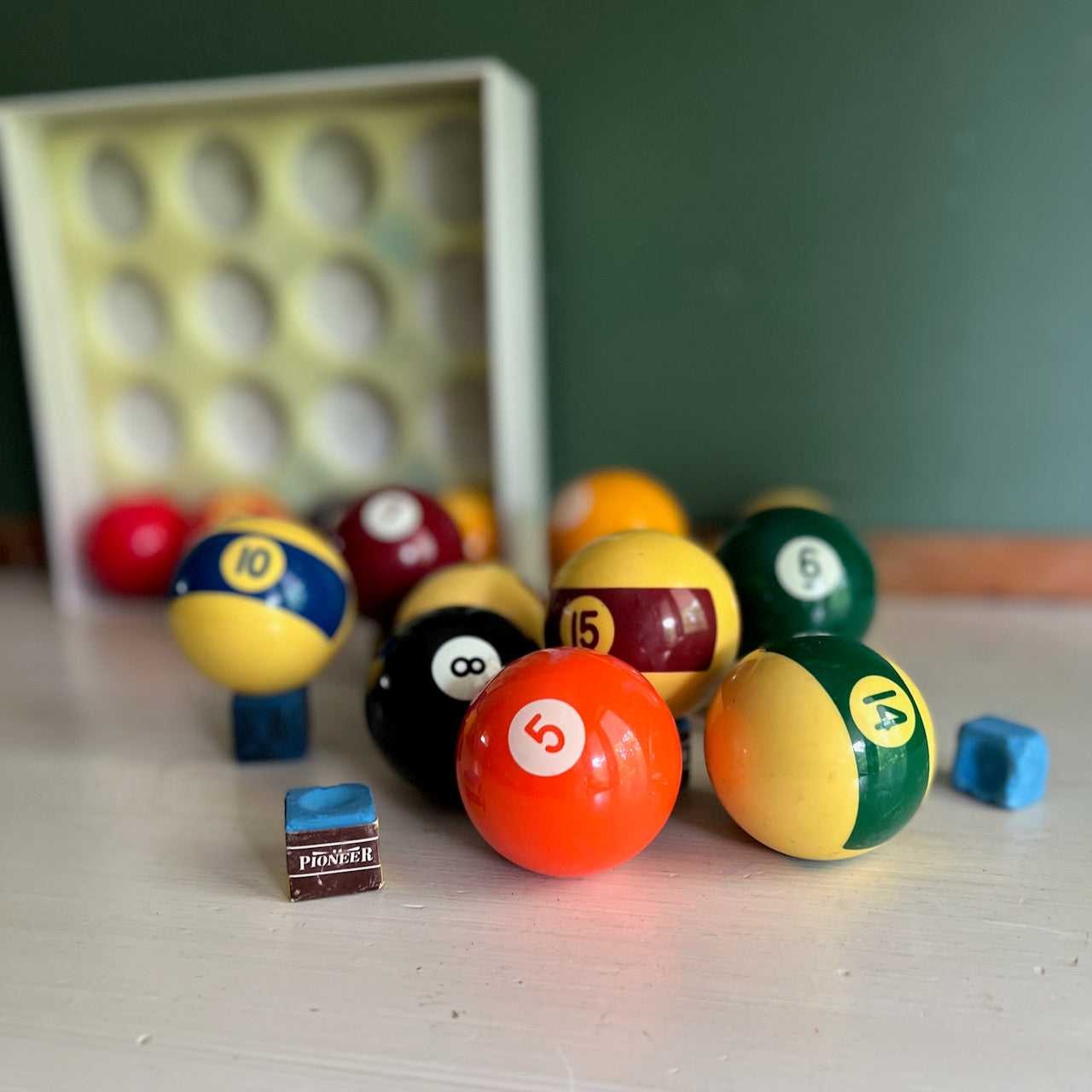 Vintage Billiard Pool Balls Set with Cue Chalk