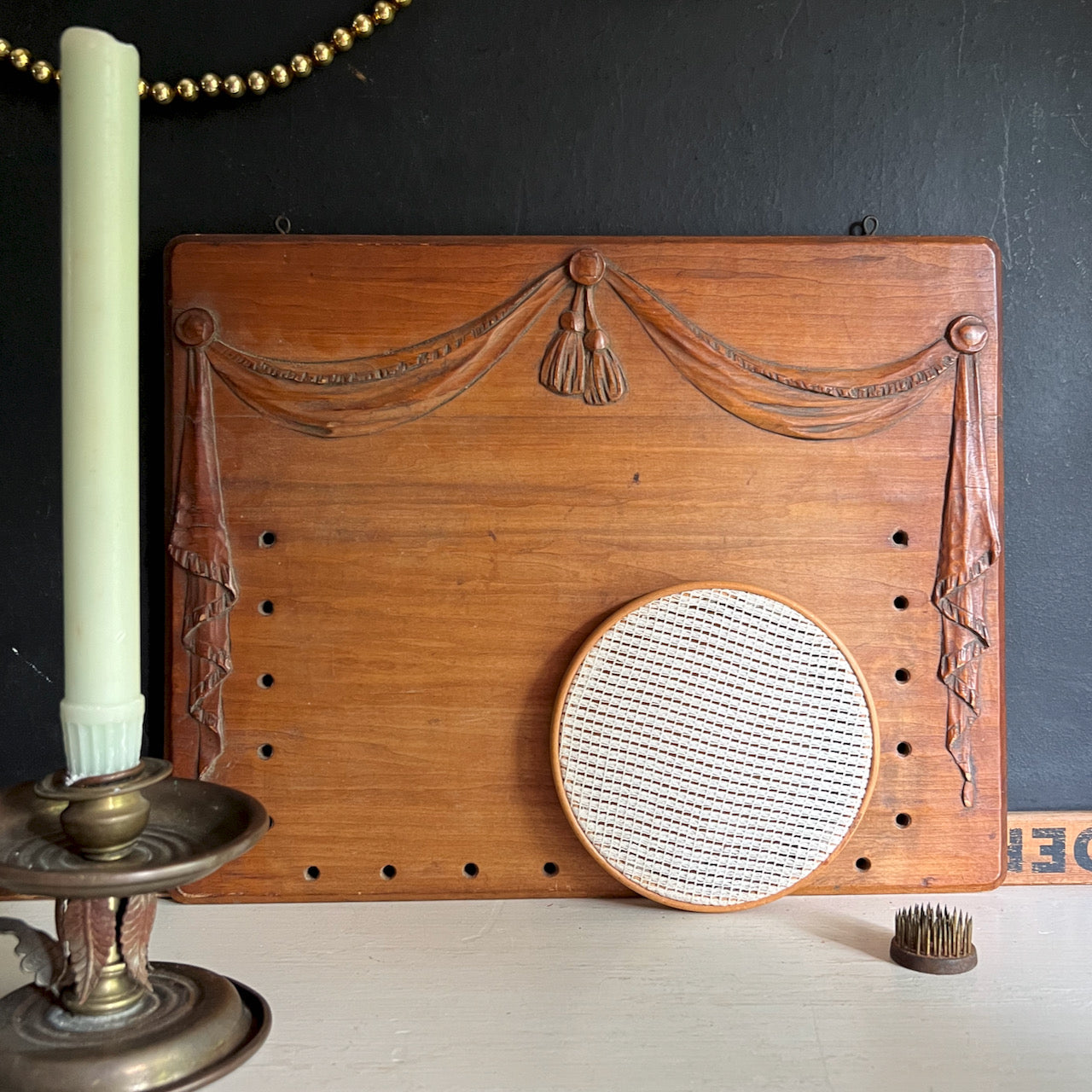 Antique Hanging Wooden Plaque with Carved Sash Decoration (c.1900s)