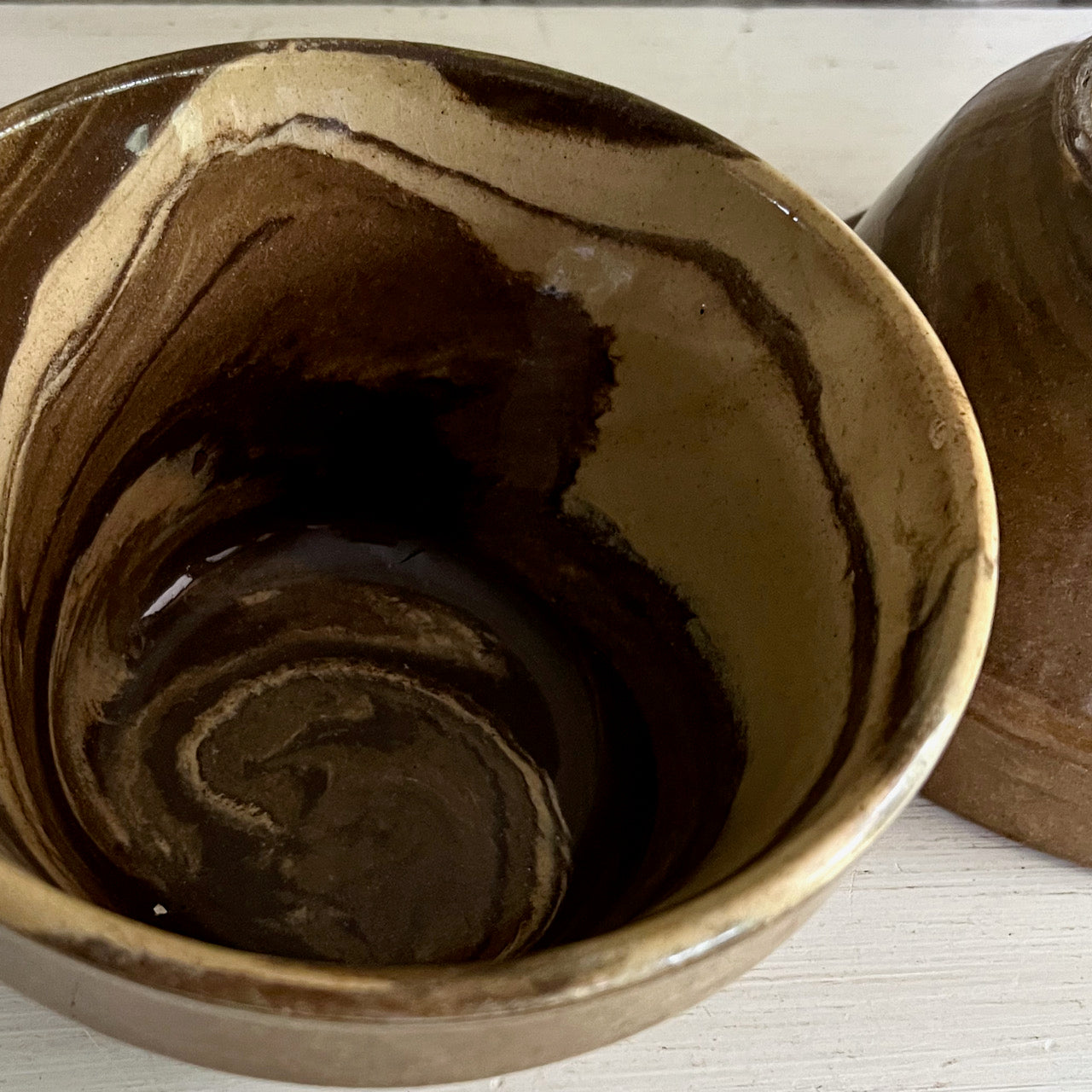 Chocolate Marbled Swirl Crock Bowls, Set of 3 (c.1900s)