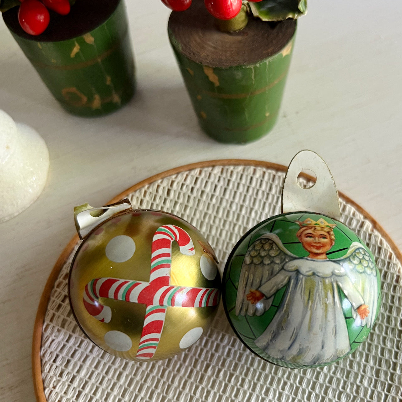 Tin Litho Christmas Candy Container Ornaments, Set of 10
