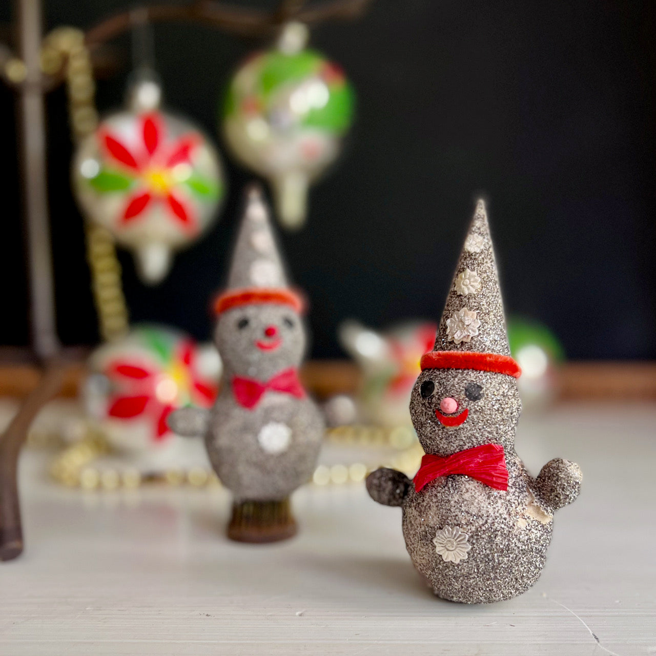 Mid Century Christmas Ornaments with Blown Glass Bulbs and Mica Snowmen
