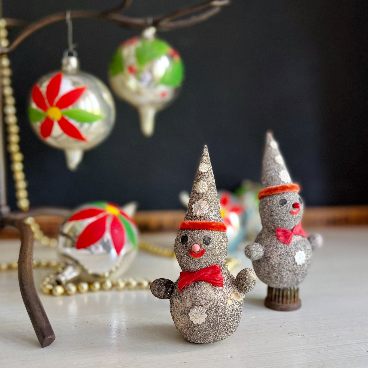 Mid Century Christmas Ornaments with Blown Glass Bulbs and Mica Snowmen