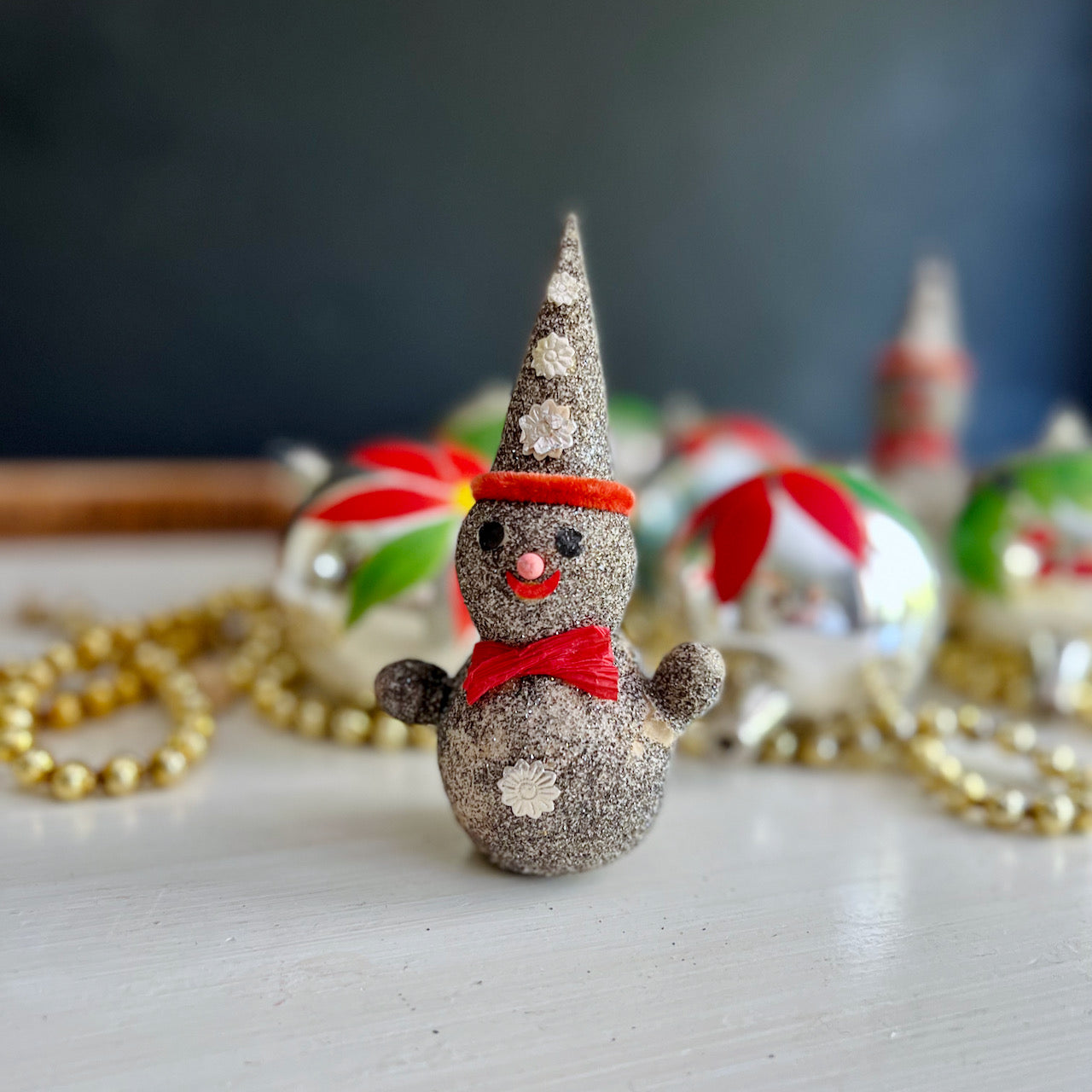 Mid Century Christmas Ornaments with Blown Glass Bulbs and Mica Snowmen