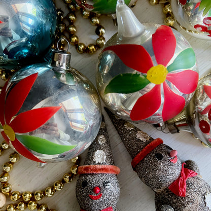 Mid Century Christmas Ornaments with Blown Glass Bulbs and Mica Snowmen