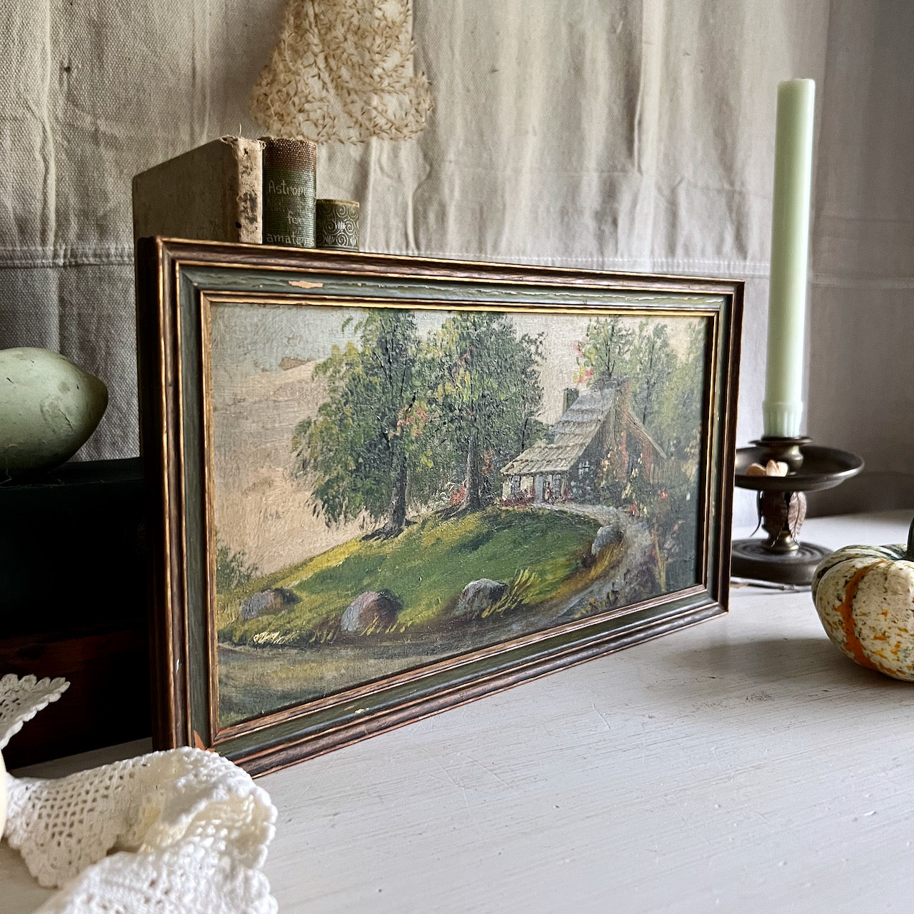 Early American Oil Painting of Cottage Landscape (c.1900s)