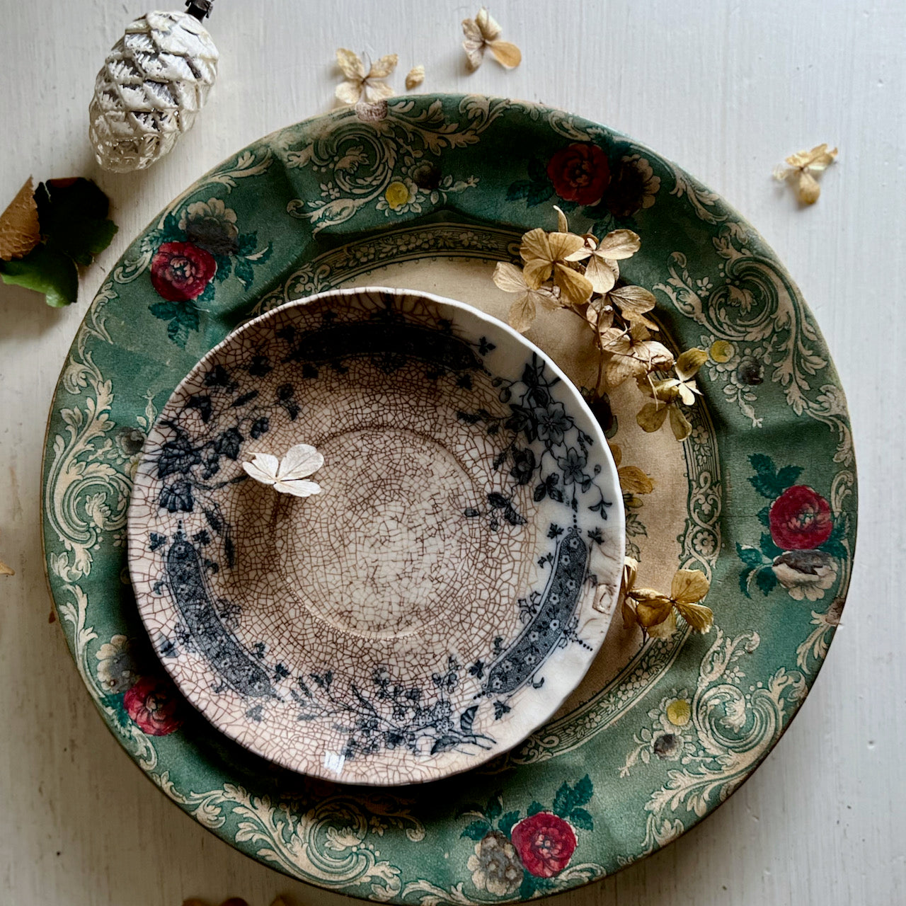 Pair of Stained Antique Floral Plates (c.1800s)