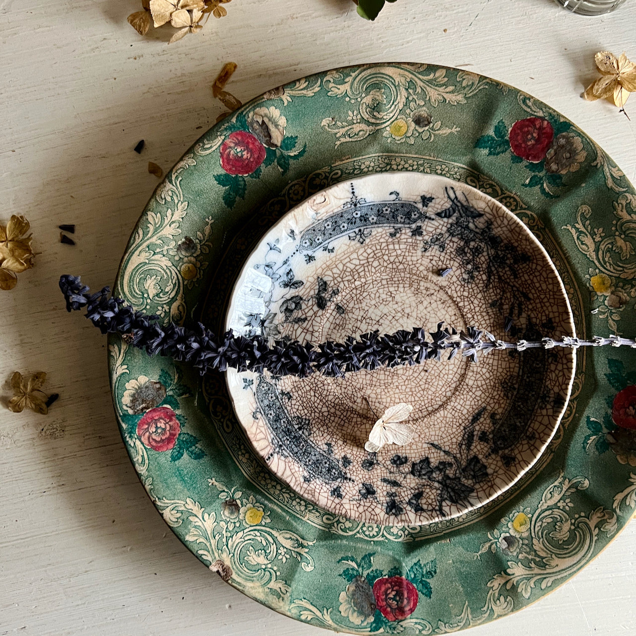 Pair of Stained Antique Floral Plates (c.1800s)