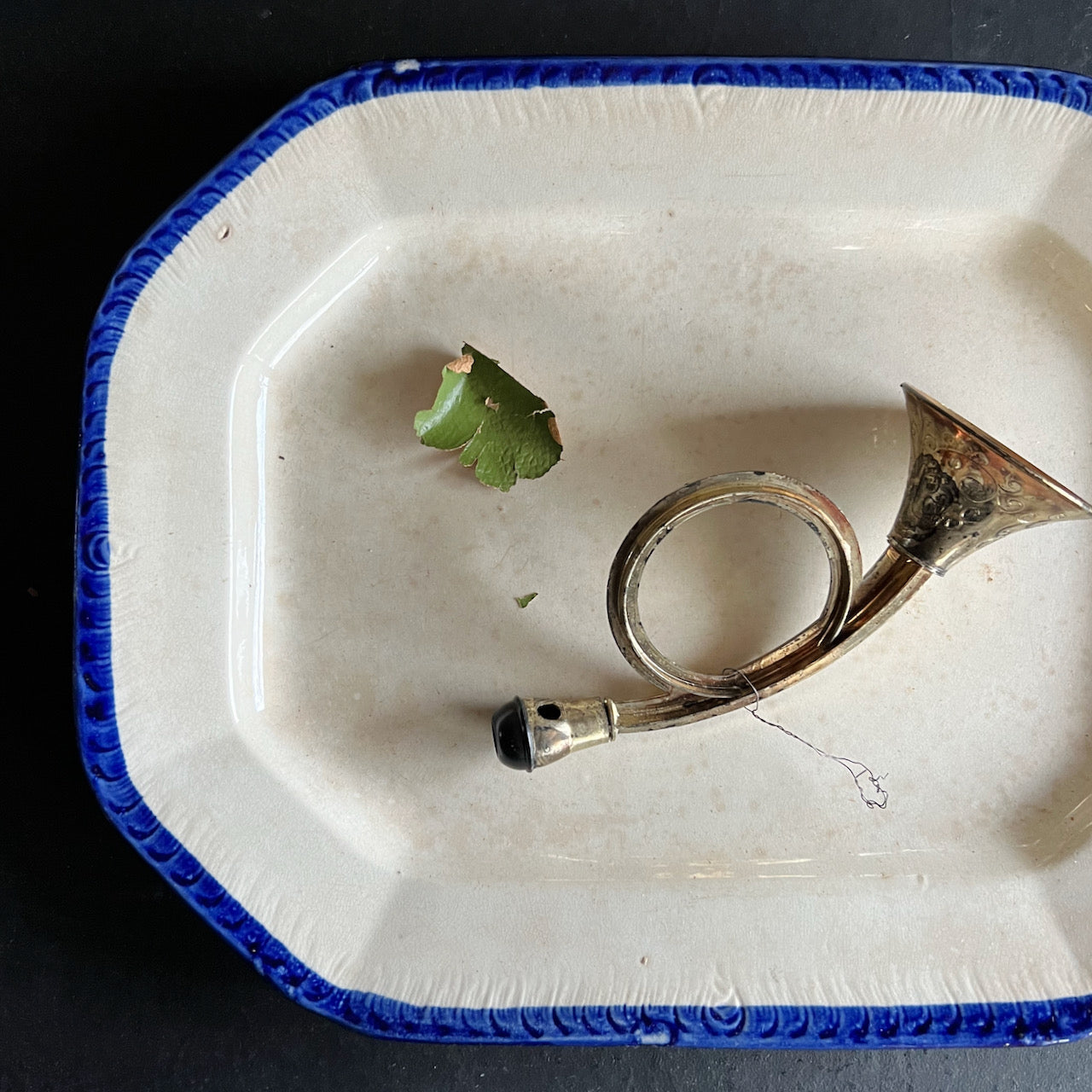 Antique Ironstone Platter with Flow Blue Feather Edge (c.1800s)