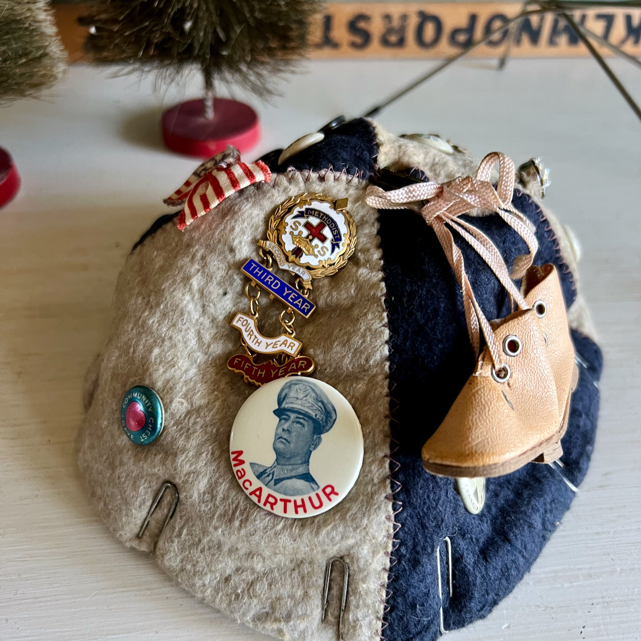 Advertising Felt Beanie with Vintage Charms (c.1930s-1940s)