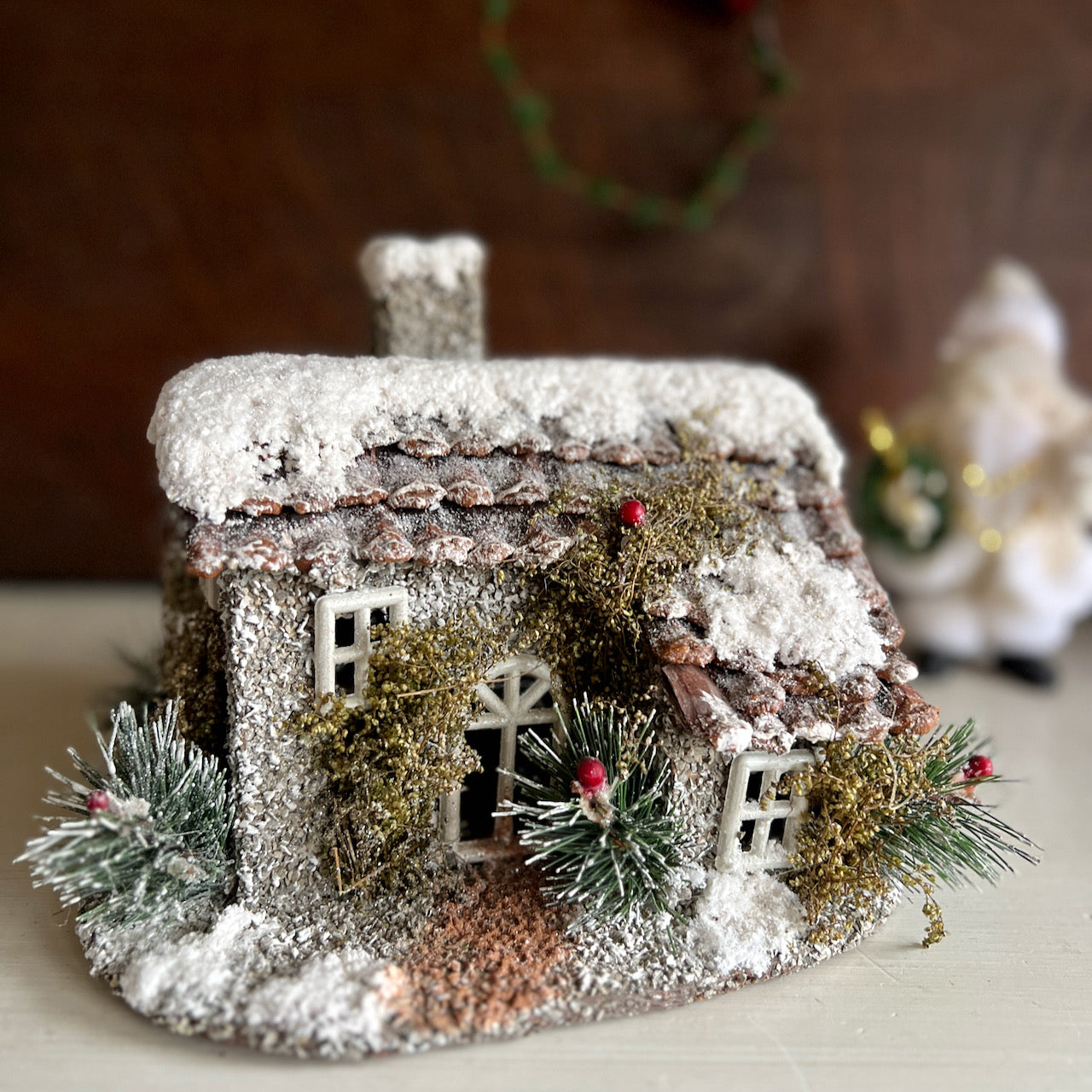 Large Rustic Putz Style Christmas Buildings, Set of 2