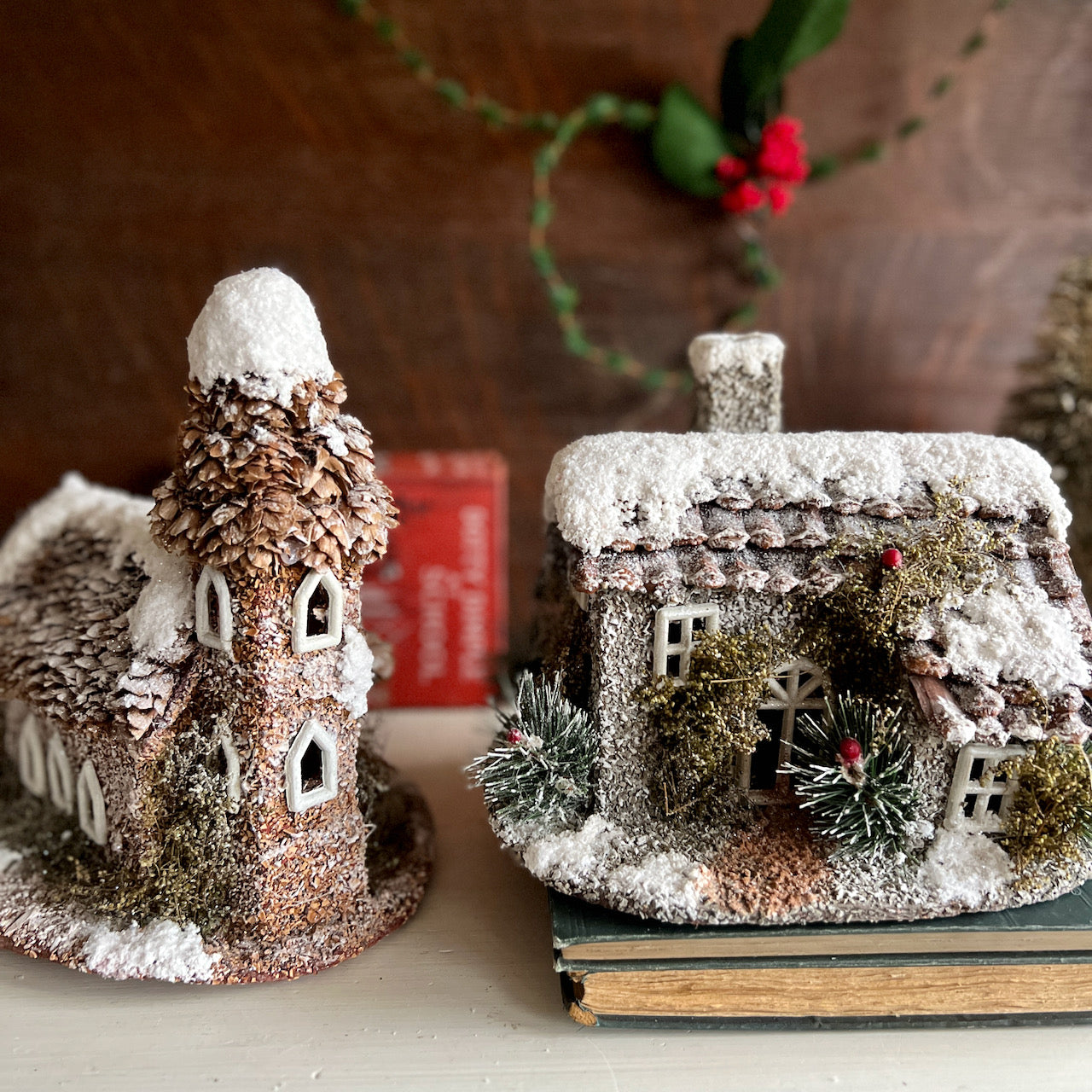 Large Rustic Putz Style Christmas Buildings, Set of 2