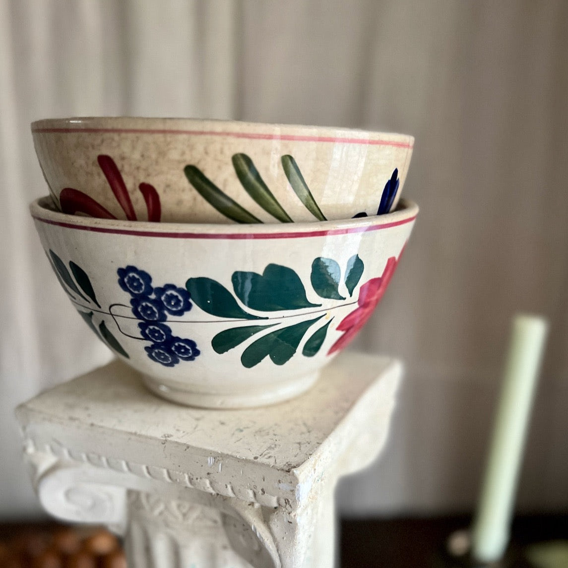 Antique Victorian Folk Style Floral Pattern Bowls (c.19th C)