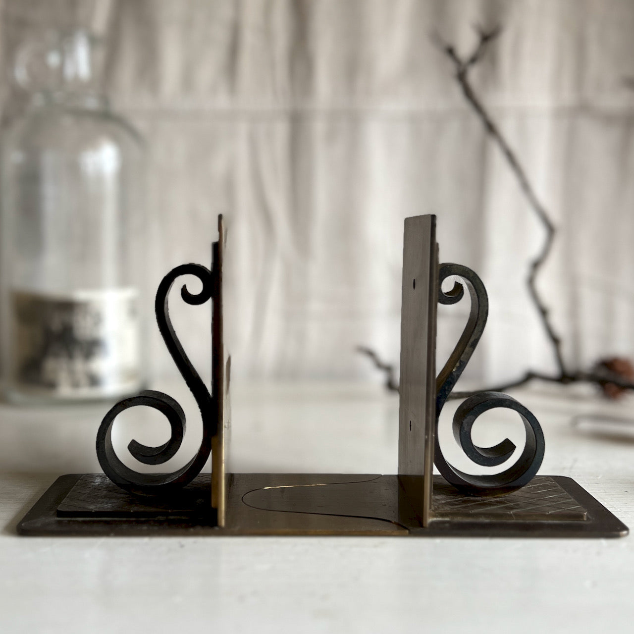 Mid Century Brass Scroll Bookends, Made in Switzerland