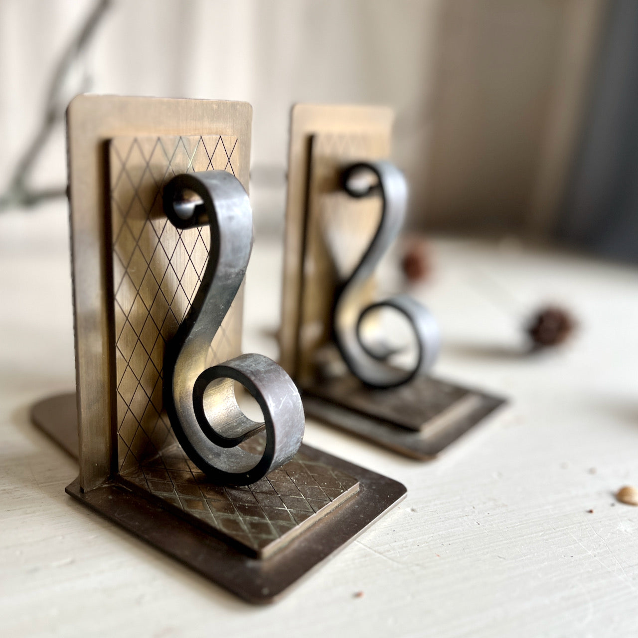 Mid Century Brass Scroll Bookends, Made in Switzerland