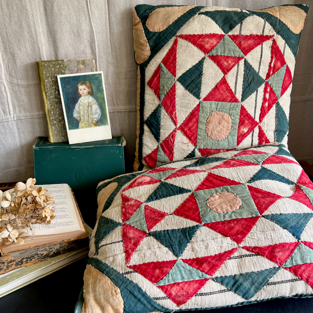 Pair of Pillows with Applied Antique Quilt Decoration