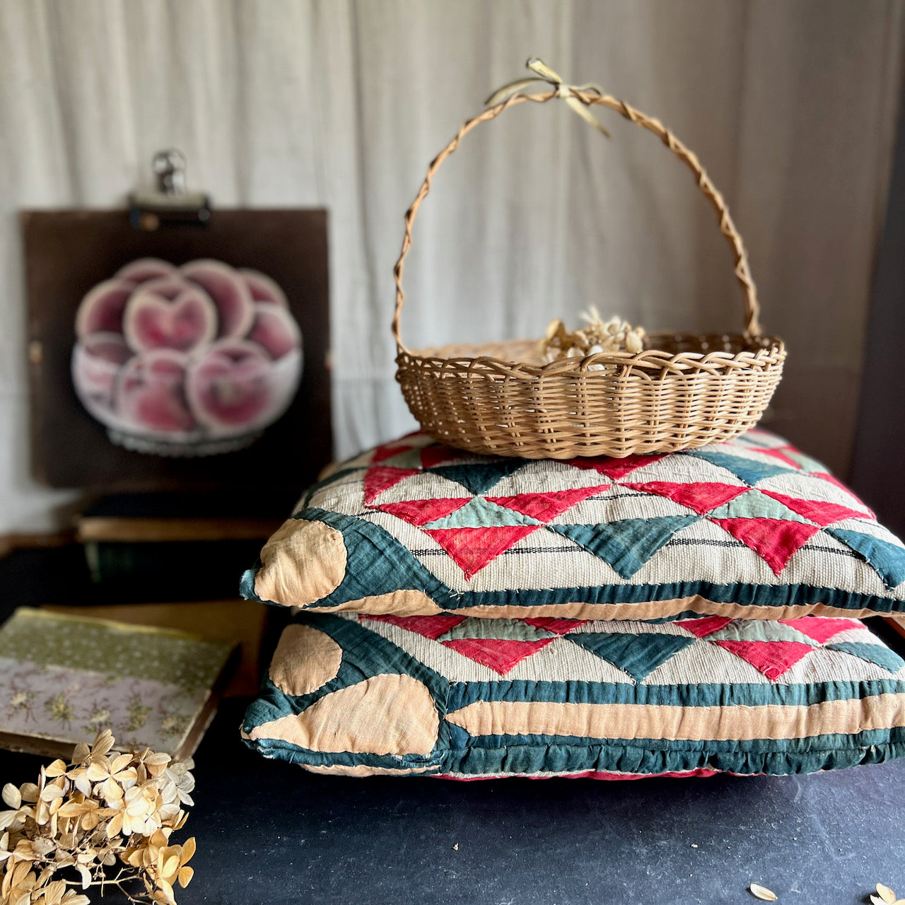 Pair of Pillows with Applied Antique Quilt Decoration