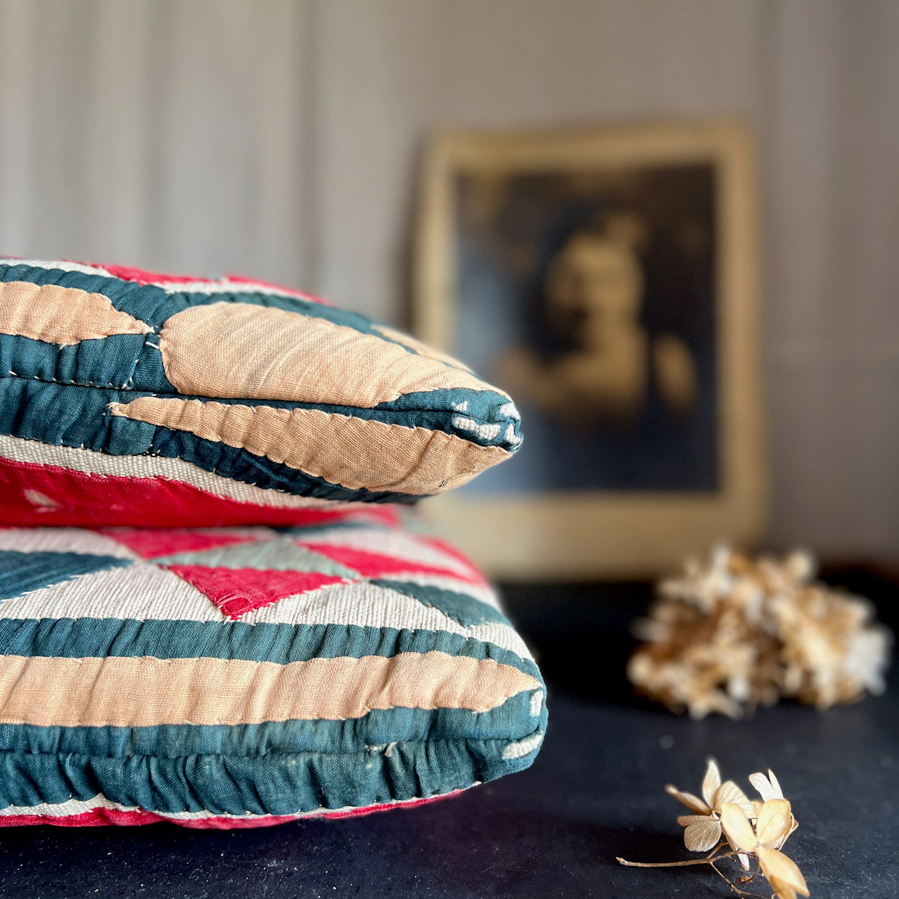 Pair of Pillows with Applied Antique Quilt Decoration