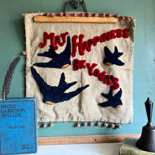 Vintage Embroidered Bluebird of Happiness Pillow
