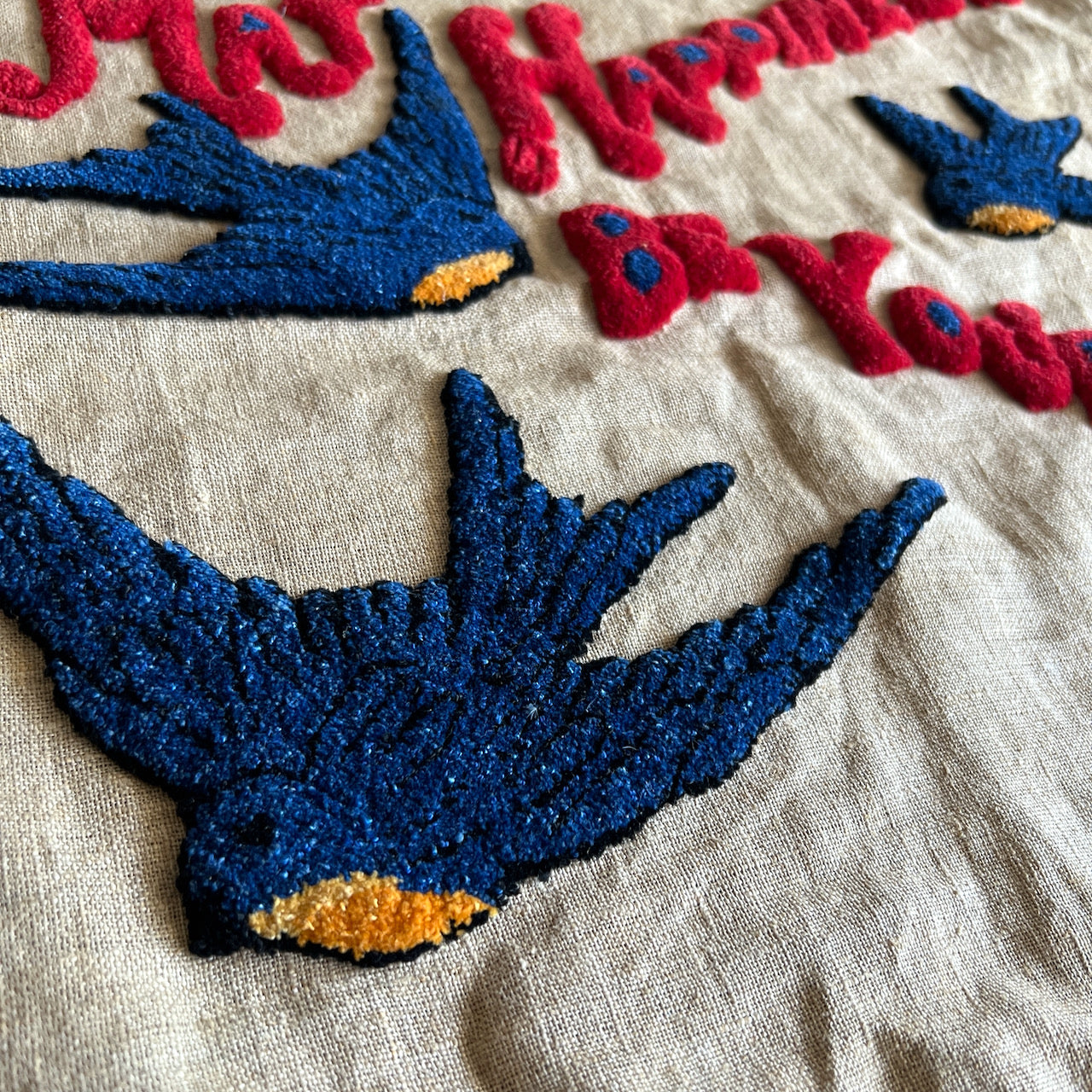 Vintage Embroidered Bluebird of Happiness Pillow