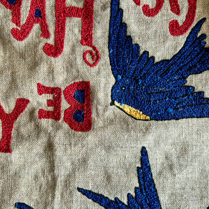 Vintage Embroidered Bluebird of Happiness Pillow