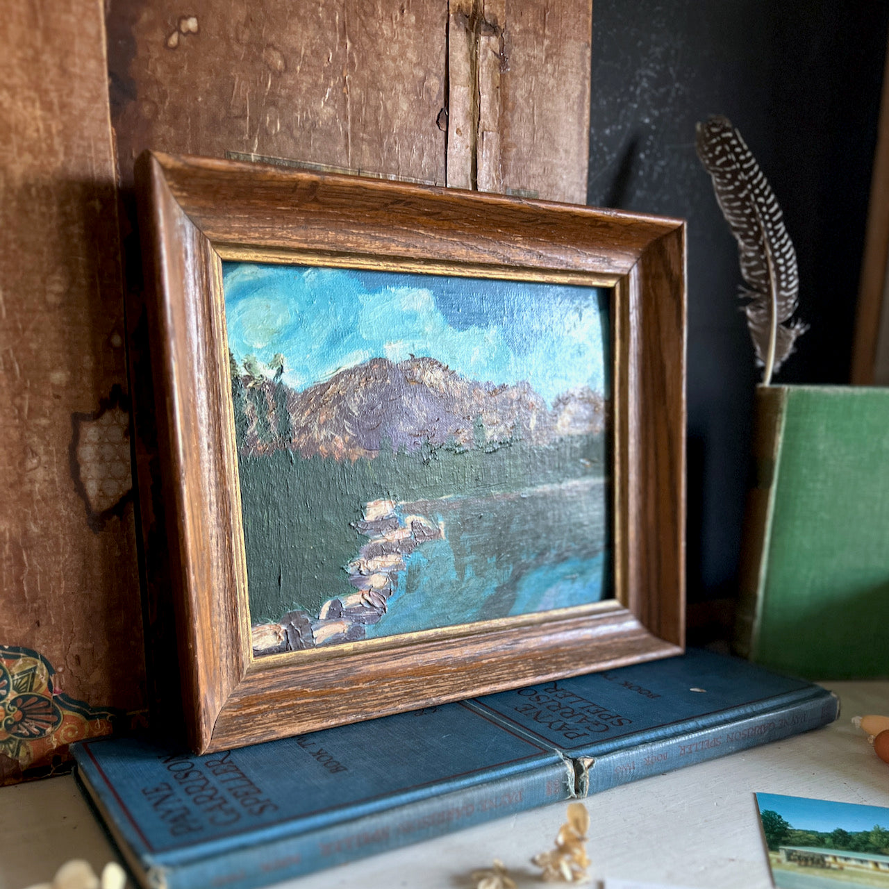 Small Landscape Oil Painting of Mountains, Valley and Lake (c.1975)