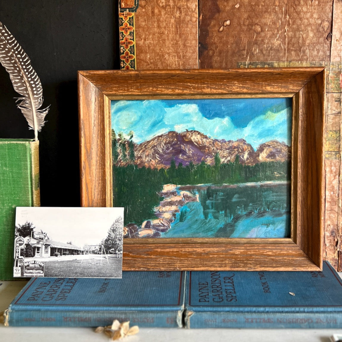 Small Landscape Oil Painting of Mountains, Valley and Lake (c.1975)