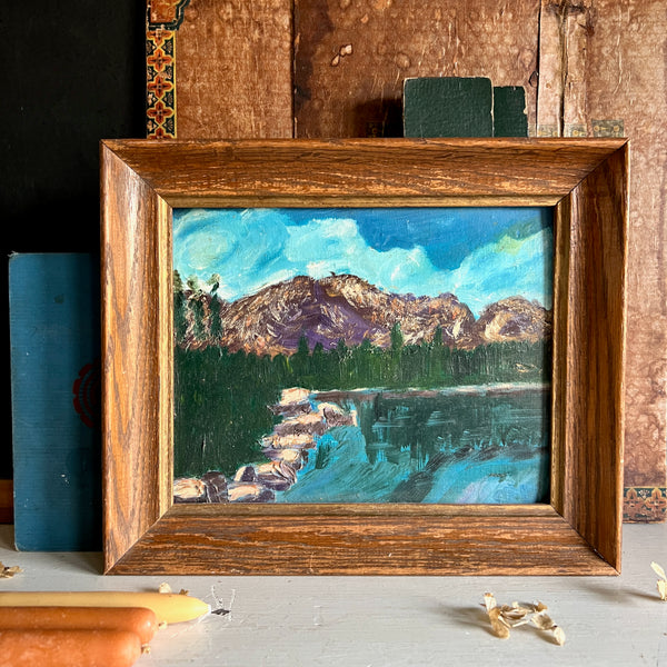 Small Landscape Oil Painting of Mountains, Valley and Lake (c.1975