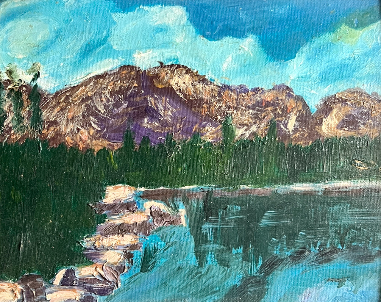 Small Landscape Oil Painting of Mountains, Valley and Lake (c.1975)