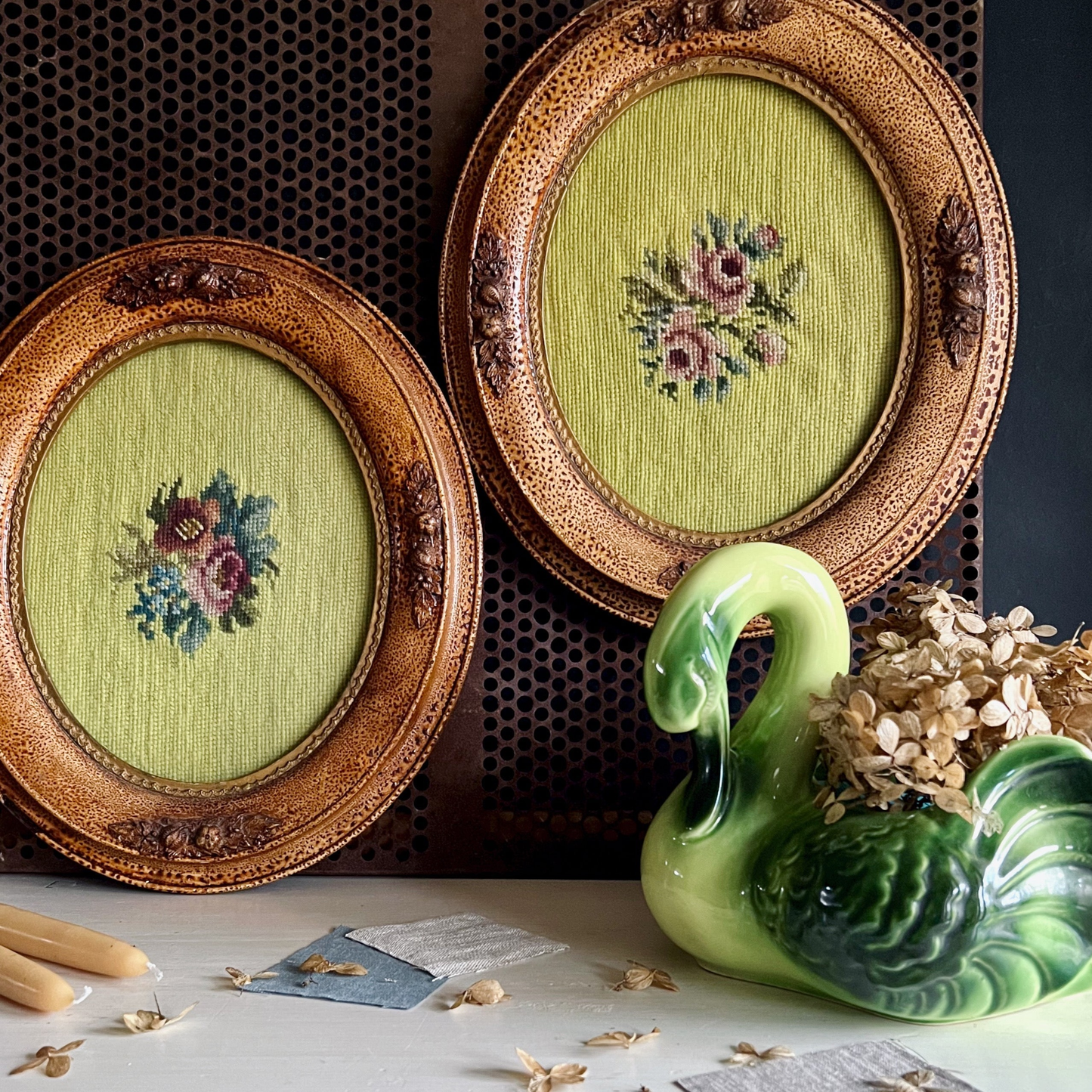 Antique Chartreuse Floral Needlepoint in Wooden Frames, Set of 2 (c.1900s)