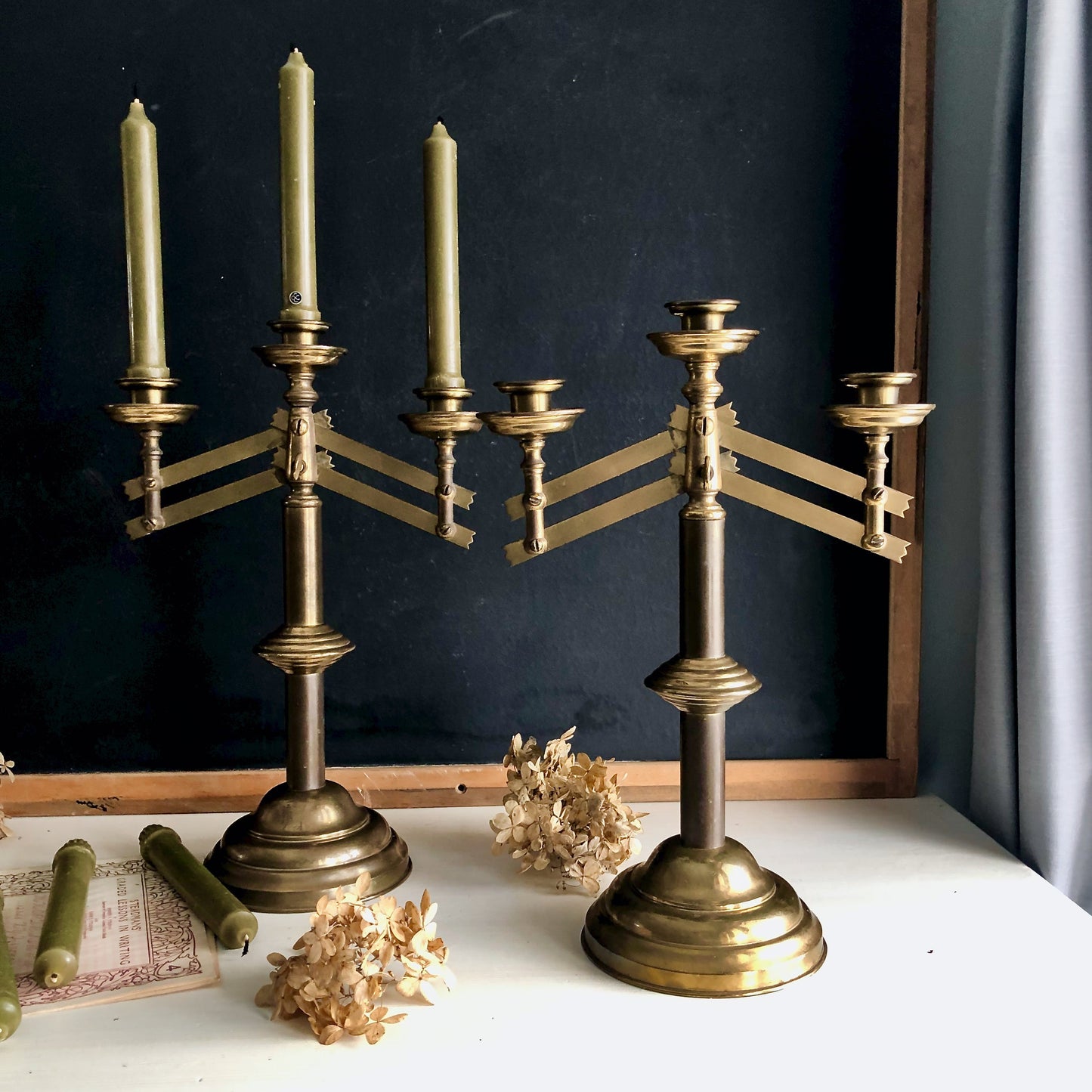 Vintage Adjustable Three-Light Brass Candelabras, Set of 2